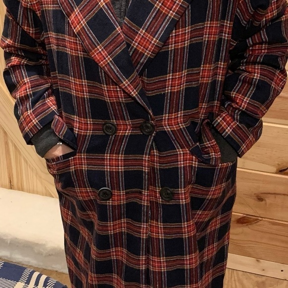 Long lightweight Red and Navy Plaid Double Brest button up Fall coat - Picture 2 of 7